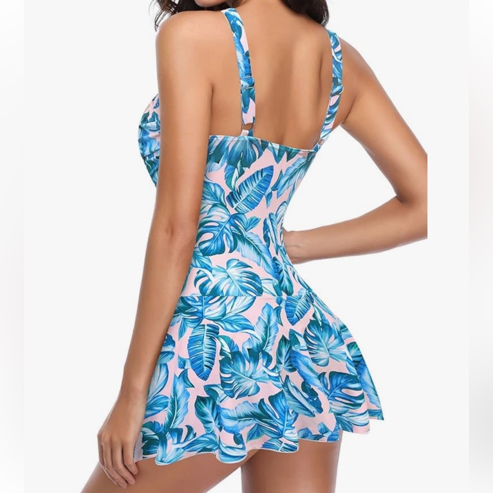 Tropical Blue Leaf Print Women's One Piece Swimsuit - Picture 2 of 4